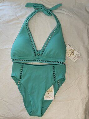 Becca NWT Green Ribbed High Cut Bikini, Size Large